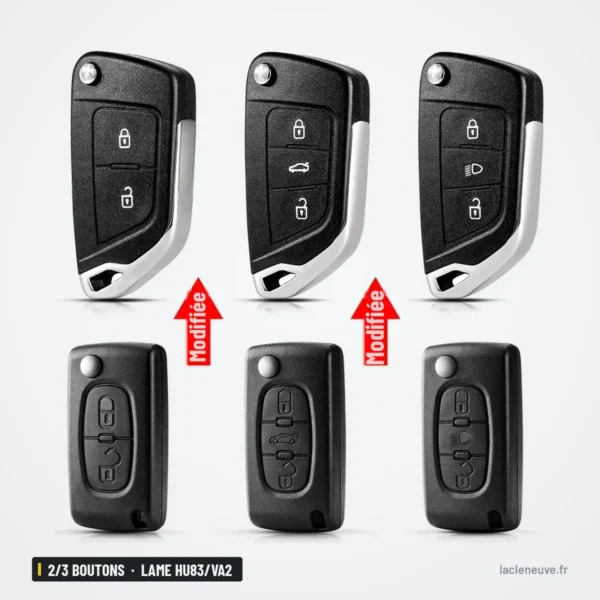 Coque de clé pliante 2/3 boutons pour Citroën C4, Peugeot 307, lame HU83/VA2 - six coques alignées en deux rangées