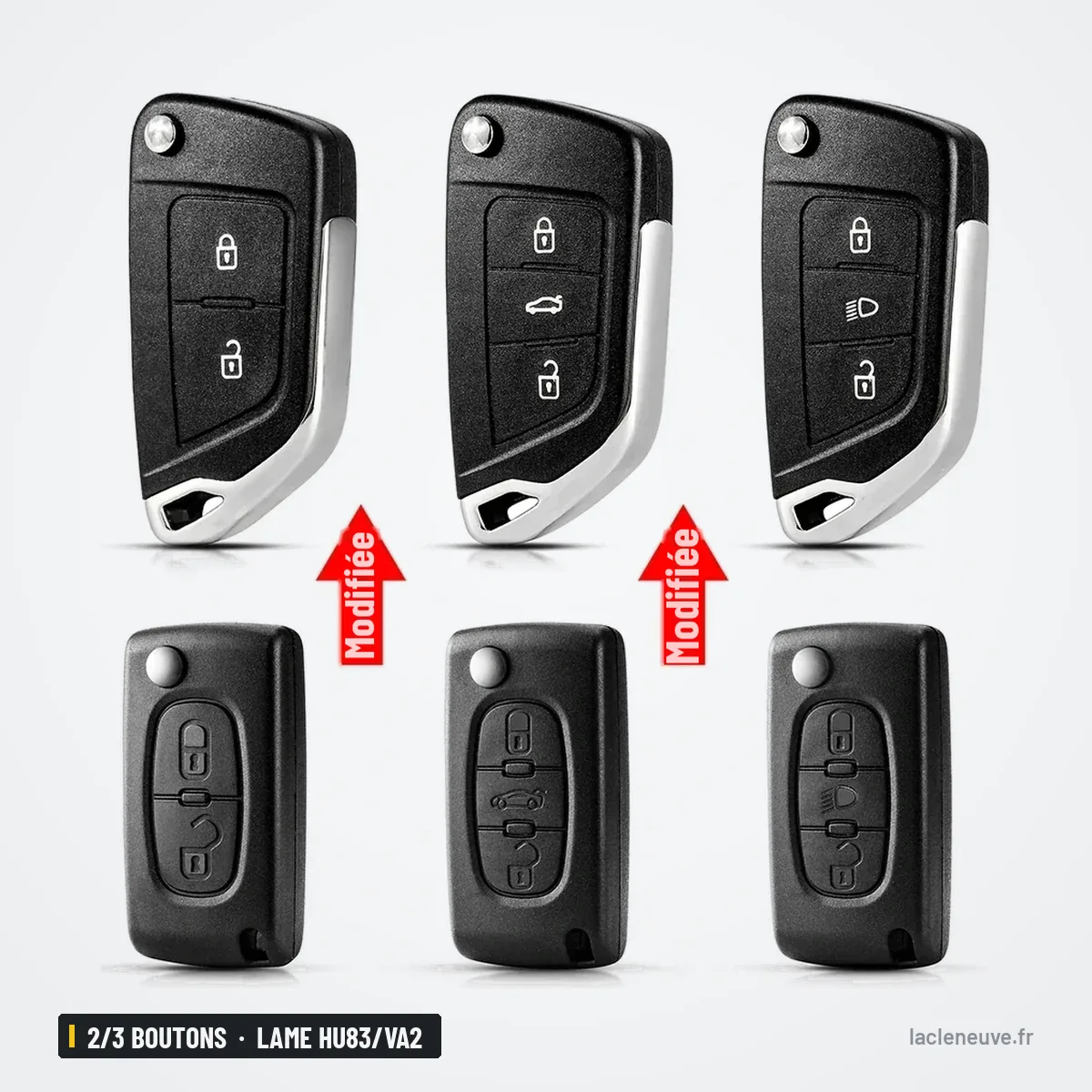 Coque de clé pliante 2/3 boutons pour Citroën C4, Peugeot 307, lame HU83/VA2 - six coques alignées en deux rangées Coque de clé pliante 2/3 boutons pour Citroën C4, Peugeot 307, lame HU83/VA2 - six coques alignées en deux rangées