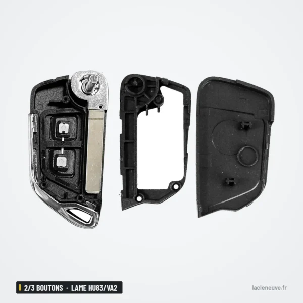 Coque de clé pliante 2/3 boutons pour Citroën C4, Peugeot 307, lame HU83/VA2 - mécanisme déplié en trois parties