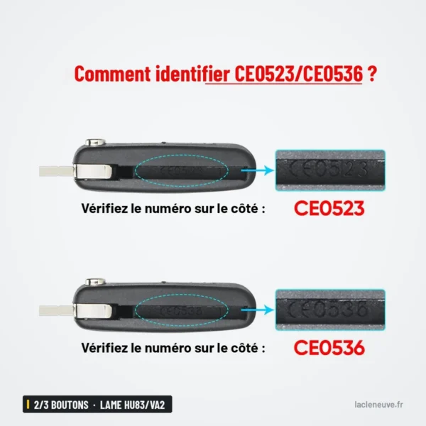 Coque de clé pliante 2/3 boutons pour Citroën C4, Peugeot 307, lame HU83/VA2 - gros plan sur le marquage inscrit sur la lame