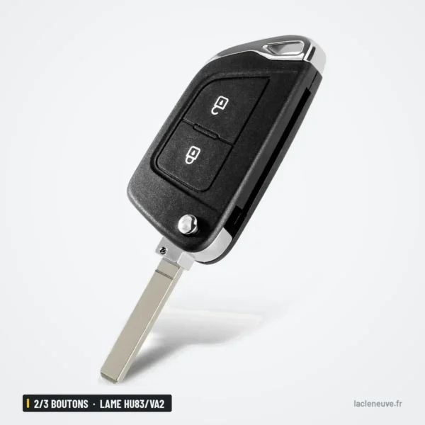 Coque de clé pliante 2/3 boutons pour Citroën C4, Peugeot 307, lame HU83/VA2 - vue de face, lame rentrée dans le corps