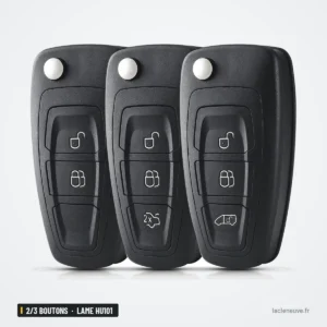 Coque de clé pliante 2/3 boutons pour Ford Focus, Fiesta, lame HU101 ou FO21 - trois coques alignées, comparaison Coque de clé pliante 2/3 boutons pour Ford Focus, Fiesta, lame HU101 ou FO21 - trois coques alignées, comparaison