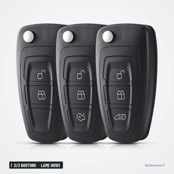 Coque de clé pliante 2/3 boutons pour Ford Focus, Fiesta, lame HU101 ou FO21 - trois coques alignées, comparaison