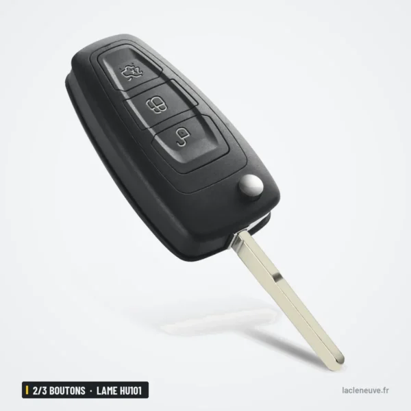 Coque de clé pliante 2/3 boutons pour Ford Focus, Fiesta, lame HU101 ou FO21 - lame dépliée, vue de trois quarts