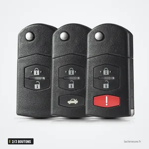 Coque de clé pliante 2/3 boutons pour Mazda 3, 6, MX-5, CX-5 - trois coques alignées, boutons visibles
