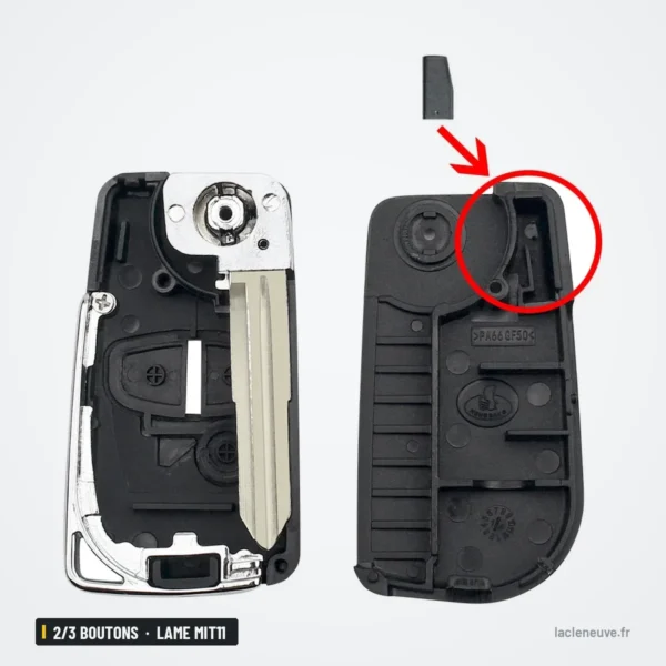 Coque de clé pliante 2/3 boutons pour Mitsubishi Lancer, Outlander, lame MIT11 - coque ouverte, détail entouré en rouge