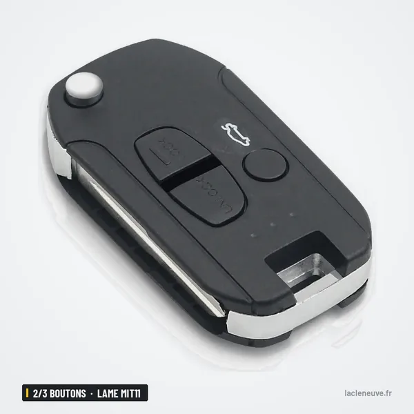 Coque de clé pliante 2/3 boutons pour Mitsubishi Lancer, Outlander, lame MIT11 - vue de trois quarts, boutons visibles