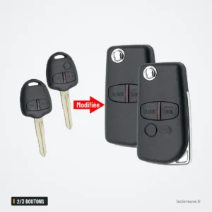 Coque de clé pliante 2/3 boutons pour Mitsubishi Pajero, Outlander, Lancer, L200 - comparaison clé droite et version pliante Coque de clé pliante 2/3 boutons pour Mitsubishi Pajero, Outlander, Lancer, L200 - comparaison clé droite et version pliante