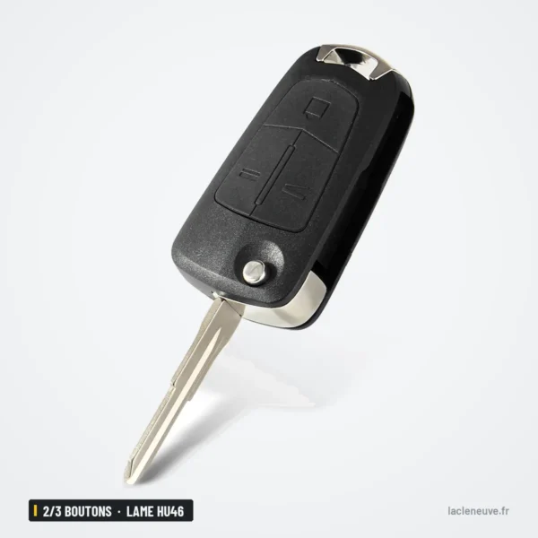 Coque de clé pliante 2/3 boutons pour Opel Antara, Chevrolet Epica, lame HU46 - clé avec lame dépliée vue de trois quarts
