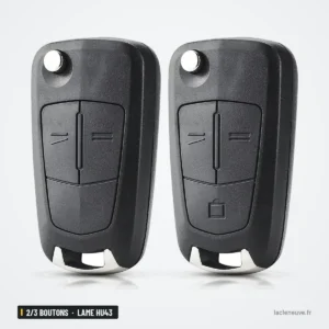 Coque de clé pliante 2/3 boutons pour Opel Astra, Corsa, lame HU43 ou HU100 - deux clés pliées présentées côte à côte