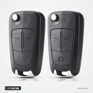Coque de clé pliante 2/3 boutons pour Opel Astra H, Corsa D, Vectra C - deux coques identiques côte à côte, vue de face