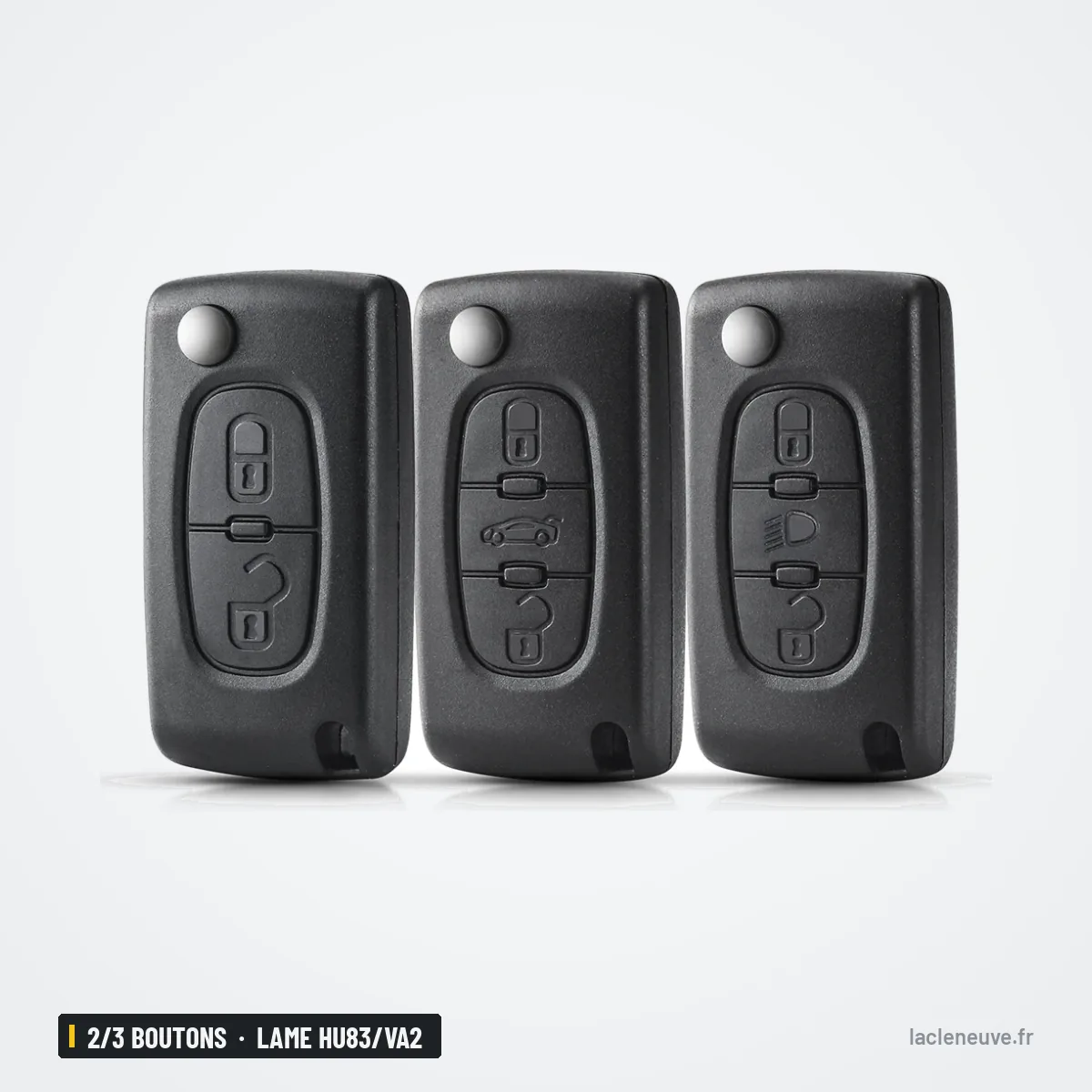 Coque de clé pliante 2/3 boutons pour Peugeot 207, Citroën C4, lame HU83/VA2 - trois coques pliantes côte à côte Coque de clé pliante 2/3 boutons pour Peugeot 207, Citroën C4, lame HU83/VA2 - trois coques pliantes côte à côte