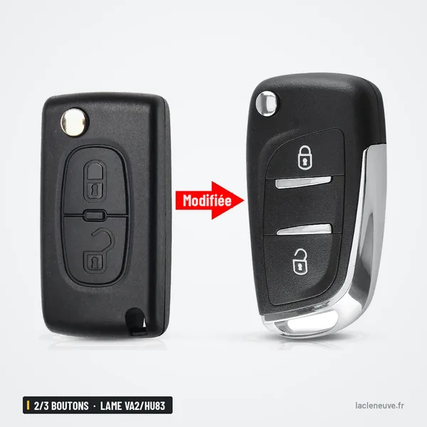Coque de clé pliante 2/3 boutons pour Peugeot 307, Citroën C4 - comparaison avant et après transformation en coque pliante