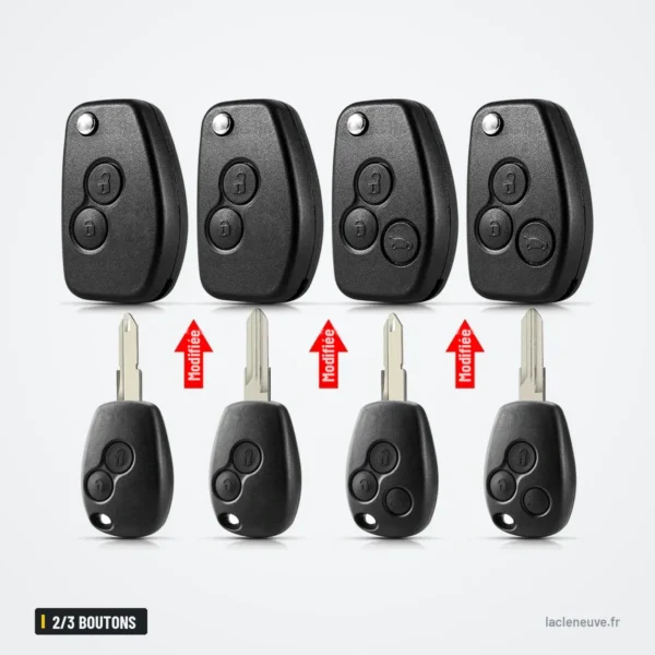 Coque de clé pliante 2/3 boutons pour Renault Clio, Dacia Duster, Logan - quatre coques avec lames assorties