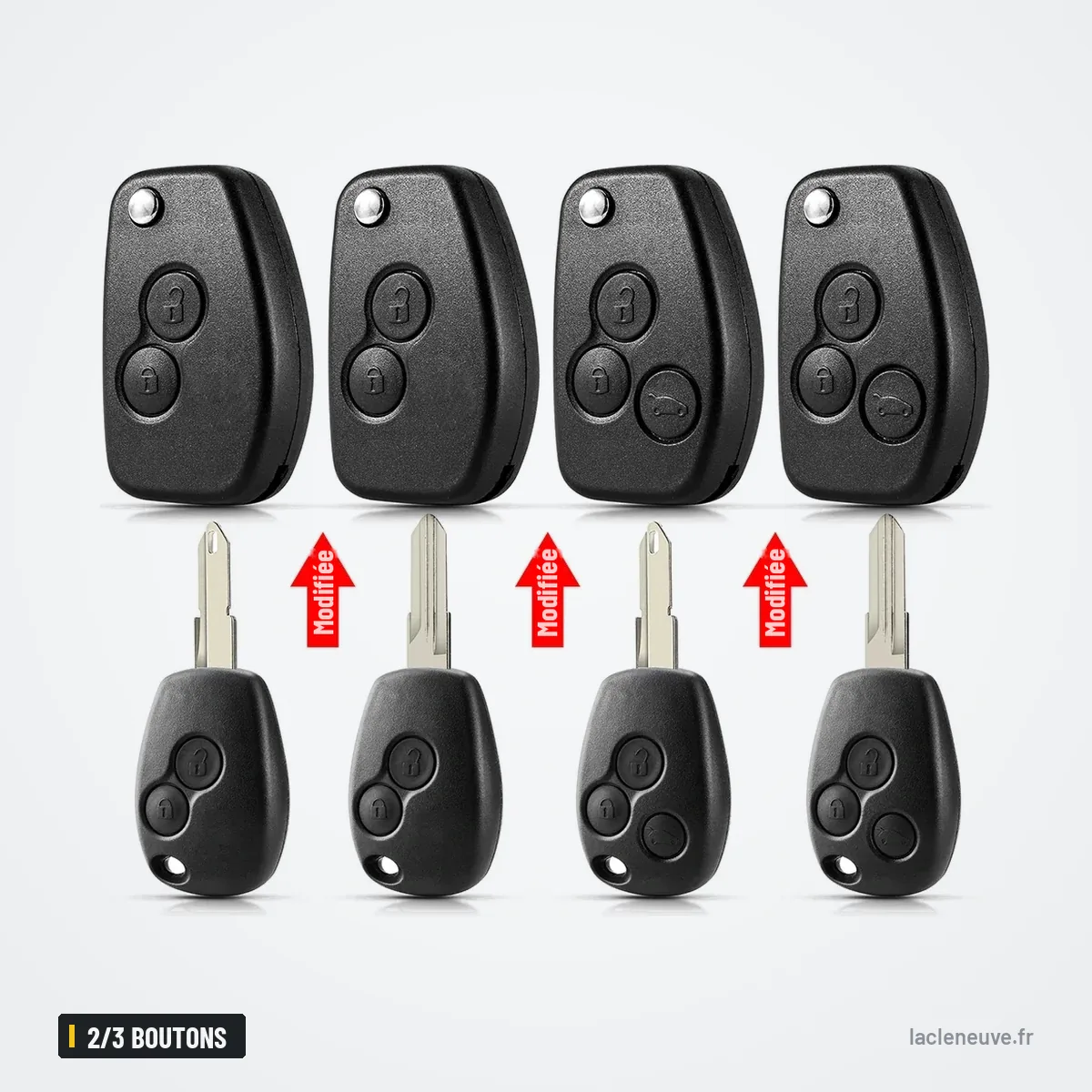 Coque de clé pliante 2/3 boutons pour Renault Clio, Dacia Duster, Logan - quatre coques avec lames assorties Coque de clé pliante 2/3 boutons pour Renault Clio, Dacia Duster, Logan - quatre coques avec lames assorties