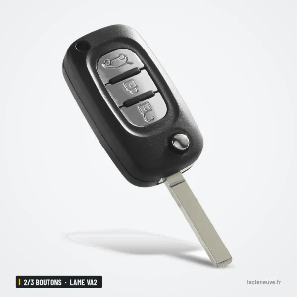 Coque de clé pliante 2/3 boutons pour Renault Clio, Mégane, Kangoo, lame VA2 - vue de profil, lame sortie