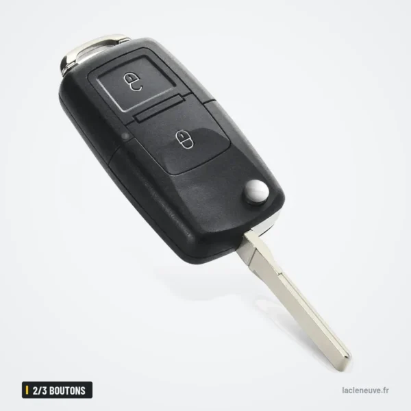 Coque de clé pliante 2/3 boutons pour Volkswagen Golf, Passat, Polo, Seat Leon - lame dépliée, clé vue de trois-quarts