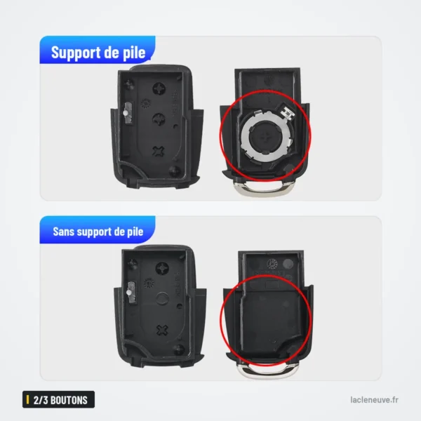 Coque de clé pliante 2/3 boutons pour Volkswagen Golf, Passat - comparaison de l'emplacement de la pile, deux modèles