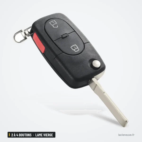 Coque de clé pliante 2 à 4 boutons pour Audi A3, A4, S4, lame vierge incluse - coque pliée avec bouton rouge et porte-clés