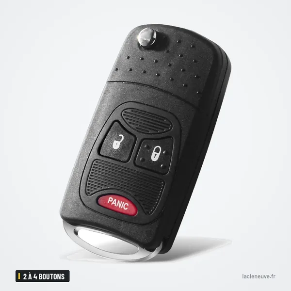 Coque de clé pliante 2 à 4 boutons pour Chrysler Sebring, Dodge Avenger - vue de face, bouton alarme rouge visible