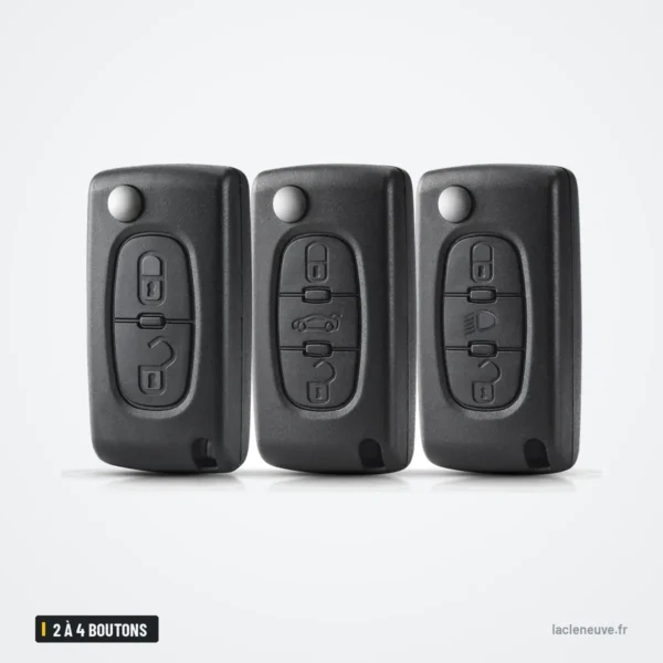 Coque de clé pliante 2 à 4 boutons pour Citroën C3, C4, C5, Peugeot 407 - trois coques pliantes côte à côte