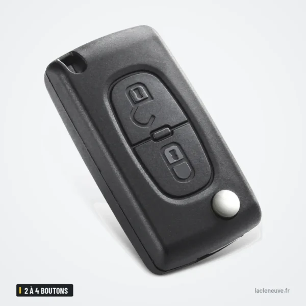 Coque de clé pliante 2 à 4 boutons pour Citroën C3, C4, C5, Peugeot 407 - vue de trois quarts, lame repliée
