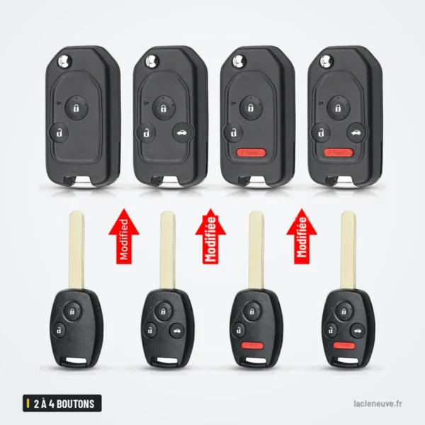Coque de clé pliante 2 à 4 boutons pour Honda Accord, Civic, CR-V, Pilot - transformation en quatre étapes avec flèches