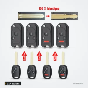 Coque de clé pliante 2 à 4 boutons pour Honda Civic, Accord, CR-V, Fit - comparaison des profils de lame