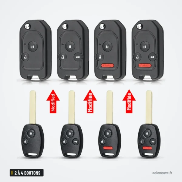 Coque de clé pliante 2 à 4 boutons pour Honda Civic, Accord, CR-V, Jazz - quatre clés et flèches de comparaison