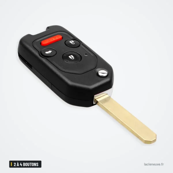 Coque de clé pliante 2 à 4 boutons pour Honda Civic, Accord, CR-V, Jazz - vue de trois quarts, lame dépliée