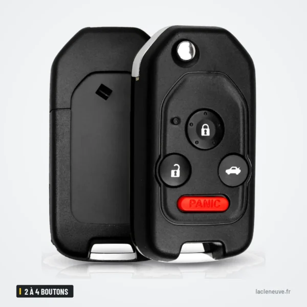 Coque de clé pliante 2 à 4 boutons pour Honda Civic, Accord, CR-V, Jazz - coque ouverte montrant boutons et bouton panique