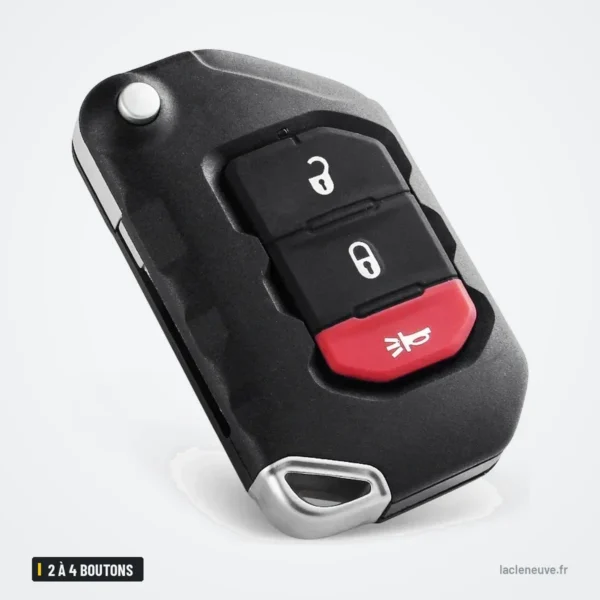 Coque de clé pliante 2 à 4 boutons pour Jeep Wrangler, Gladiator - clé pliée vue de face, bouton rouge