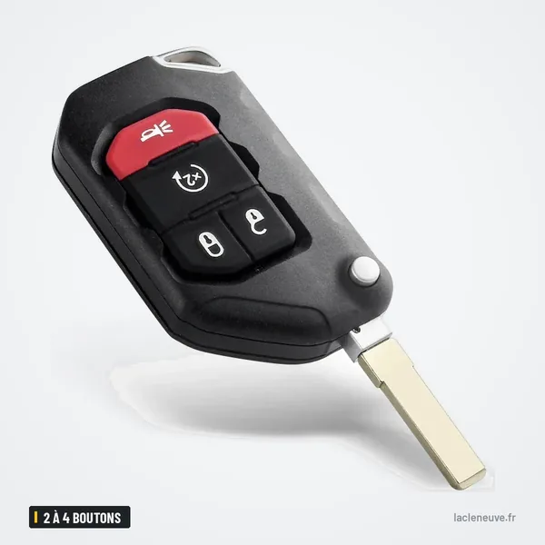 Coque de clé pliante 2 à 4 boutons pour Jeep Wrangler, Gladiator - clé pliée, lame déployée, bouton rouge en bas