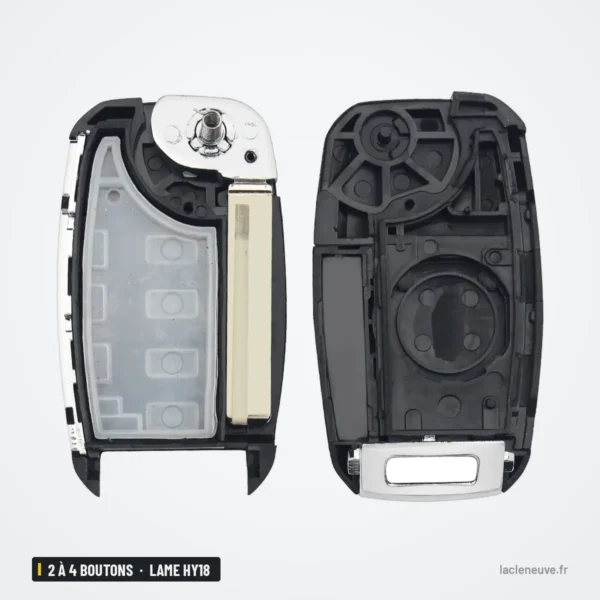 Coque de clé pliante 2 à 4 boutons pour Kia K3, K5, lame HY18 - coque démontée, mécanisme et lame visibles