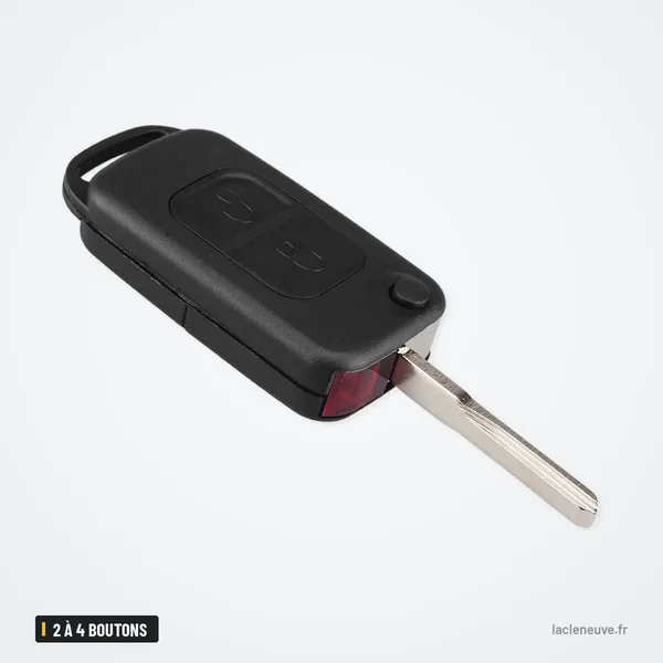 Coque de clé pliante 2 à 4 boutons pour Mercedes-Benz W124, W202, W210, W211 - lame dépliée, vue de face avec biseau rouge