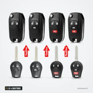 Coque de clé pliante 2 à 4 boutons pour Nissan Sentra, Altima, Versa - huit modèles comparés, lames et boutons différents