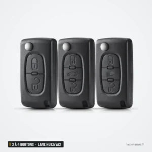 Coque de clé pliante 2 à 4 boutons pour Peugeot 207, Citroën C4, lame HU83/VA2 - trois coques vues de face, côte à côte