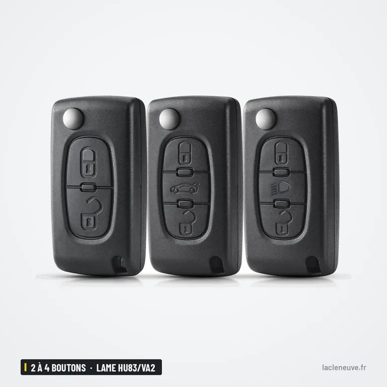 Coque de clé pliante 2 à 4 boutons pour Peugeot 207, Citroën C4, lame HU83/VA2 - trois coques vues de face, côte à côte
