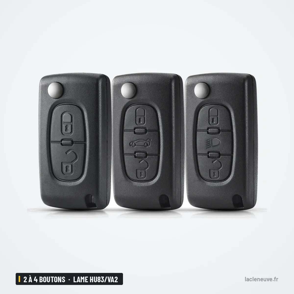 Coque de clé pliante 2 à 4 boutons pour Peugeot 207, Citroën C4, lame HU83/VA2 - trois coques vues de face, côte à côte Coque de clé pliante 2 à 4 boutons pour Peugeot 207, Citroën C4, lame HU83/VA2 - trois coques vues de face, côte à côte