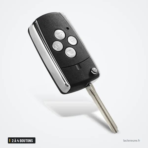 Coque de clé pliante 2 à 4 boutons pour Toyota Camry, RAV4, Avalon, 4Runner - vue de profil, lame déployée et boutons
