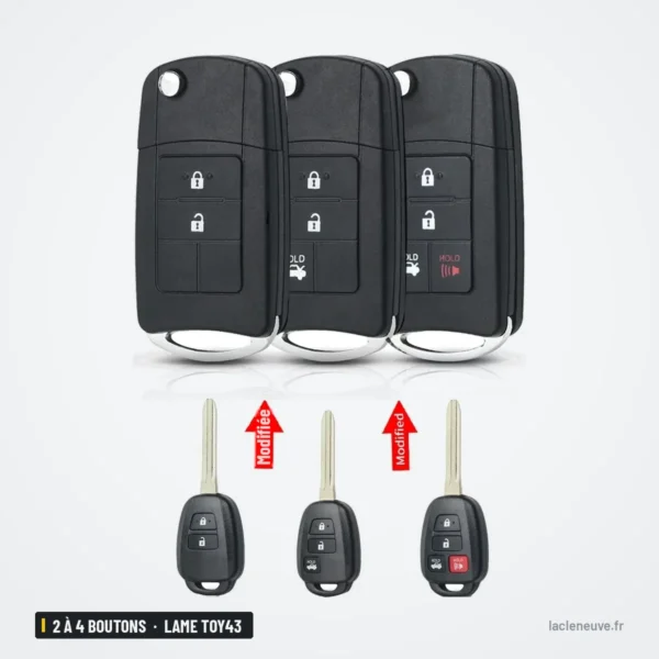 Coque de clé pliante 2 à 4 boutons pour Toyota Corolla, Yaris, RAV4, lame TOY43 - comparaison avant et après transformation