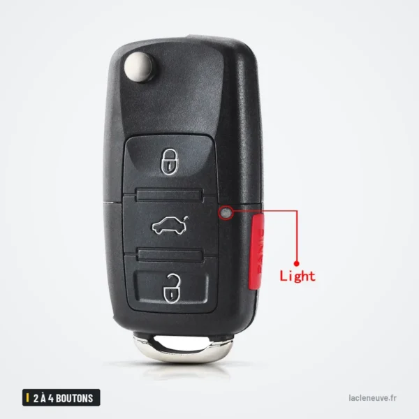 Coque de clé pliante 2 à 4 boutons pour Volkswagen Golf, Passat, Polo - vue de profil, clé pliée, voyant lumineux annoté