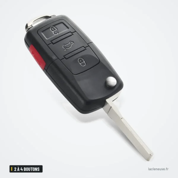 Coque de clé pliante 2 à 4 boutons pour Volkswagen Golf, Passat, Polo - lame sortie, vue de trois quarts