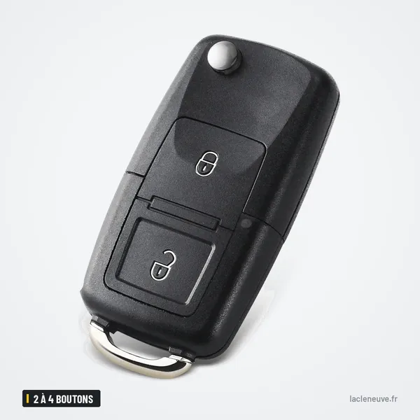 Coque de clé pliante 2 à 4 boutons pour Volkswagen Golf, Passat, Polo, Bora - vue de face, lame repliée dans le manche