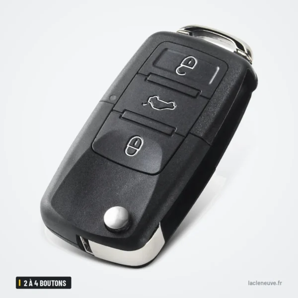 Coque de clé pliante 2 à 4 boutons pour Volkswagen Golf, Polo, Passat, Seat Leon - vue de face inclinée, lame repliée visible
