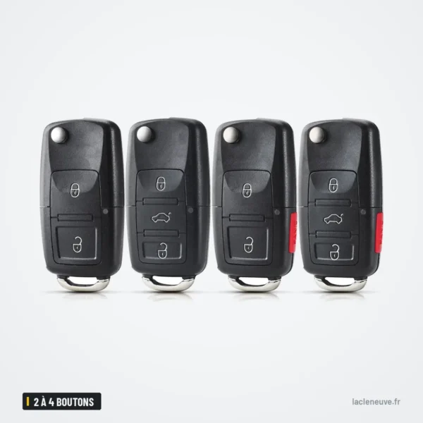 Coque de clé pliante 2 à 4 boutons pour Volkswagen Golf, Tiguan, Passat, Polo - quatre versions alignées côte à côte