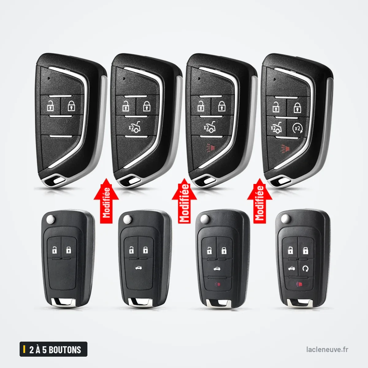 Coque de clé pliante 2 à 5 boutons pour Chevrolet Aveo, Spark, Epica, Sail - quatre clés comparées, fermées et ouvertes