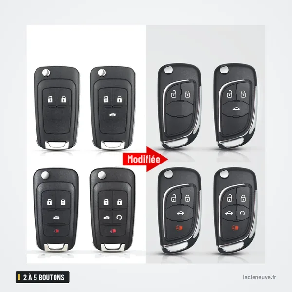 Coque de clé pliante 2 à 5 boutons pour Chevrolet Camaro - plusieurs coques alignées, avant et après modification