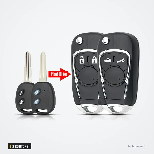 Coque de clé pliante 2 boutons pour Chevrolet Aveo, Spark, Epica, Sail - comparaison avant et après transformation