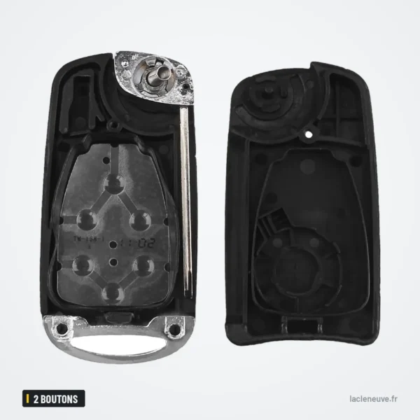 Coque de clé pliante 2 boutons pour Chrysler 300C, Jeep Wrangler, Compass - coque ouverte, mécanisme et ressort visibles